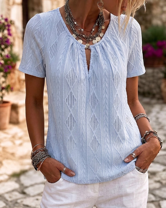 Blus Med Rombmönster Jacquard, Korta Ärmar