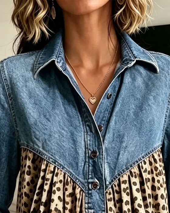 Topp Denim Leopard Tryck Lapptäcke Krage