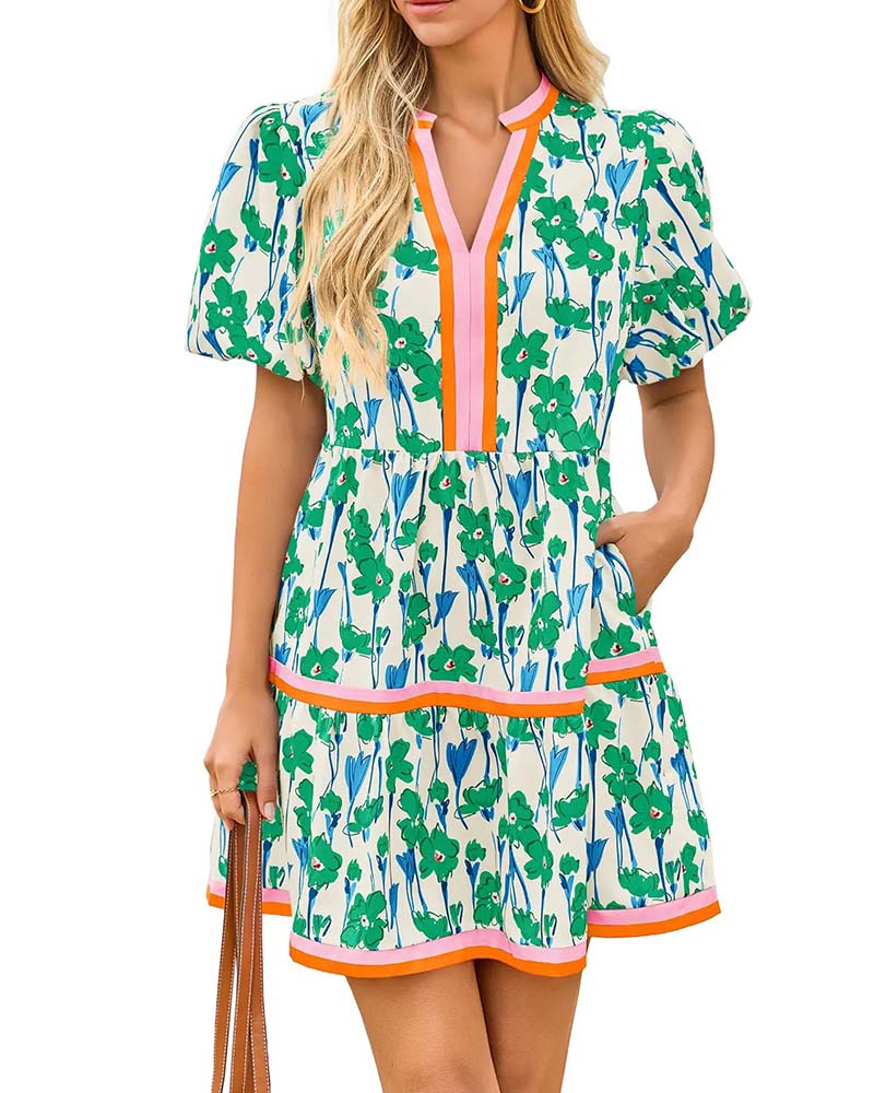 Klänning V-Hals Blommig Bubbla Ärm Patchwork