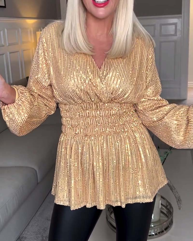 Enfärgad Blus Med V-Ringning Och Åtsittande Midja