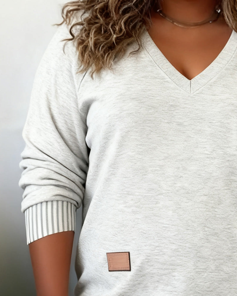 Plussize Topp Med V-Ringning Och Långa Ärmar