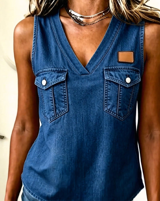 Tank Top V-Hals Ficka Läder Etikett