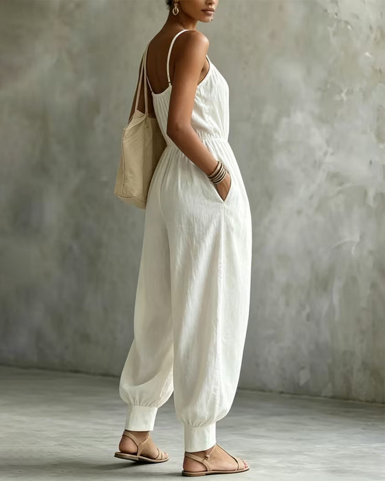 Jumpsuit Spagettiband Veckad Midjeknyt Bred Ben