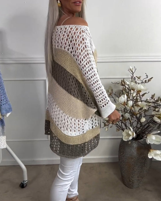 Casual färgblock ihålig långärmad tröja