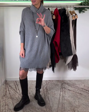 Hängslen Spets Mesh Klänning Kostym Hög Krage Fladdermusärm