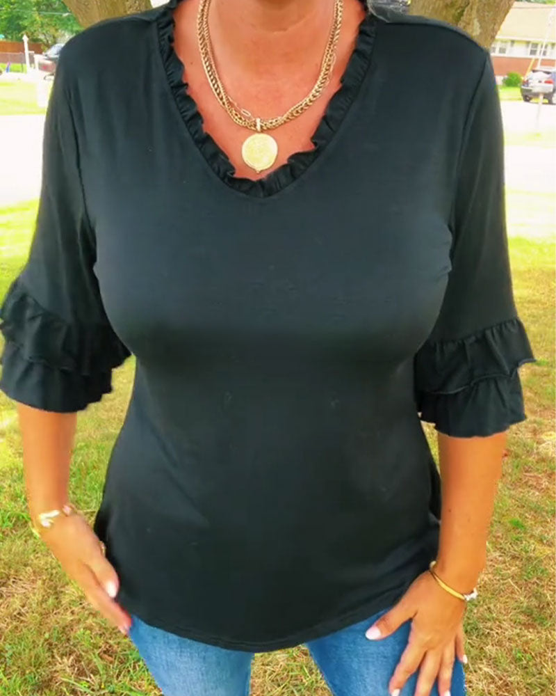 Topp Rynkad V-Hals Trekvart Ärm