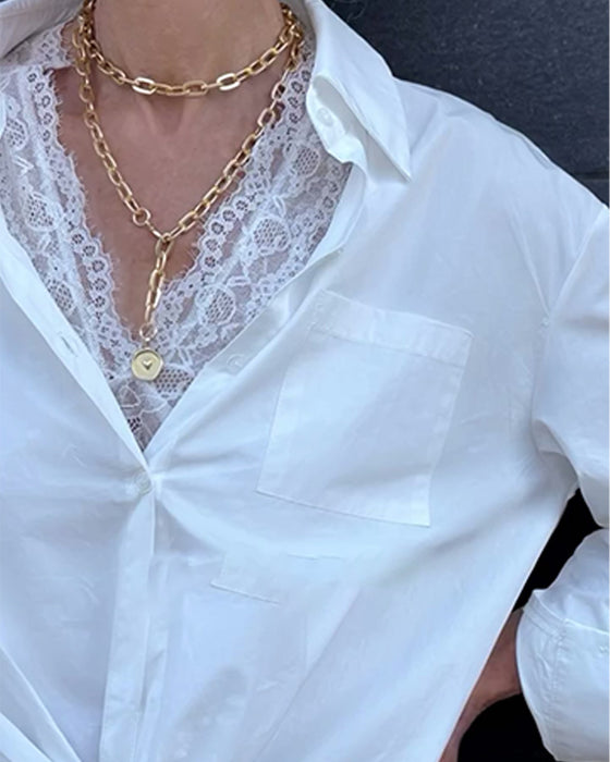 Skjorta Och Spets Inner Set Krage Enfärgad Långärmad