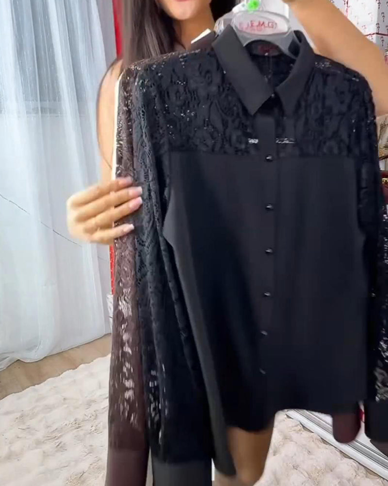 Elegant Spetsblus Med Nedvikt Krage