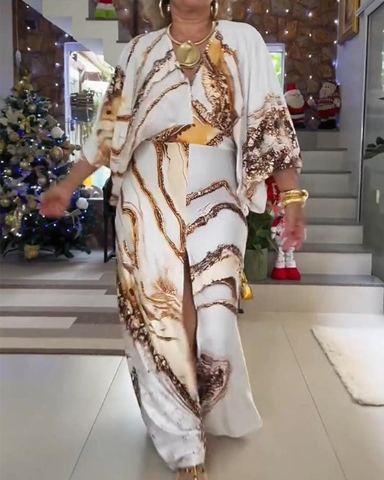 Klänning Långärmad V-Ringning Slits Tryckt