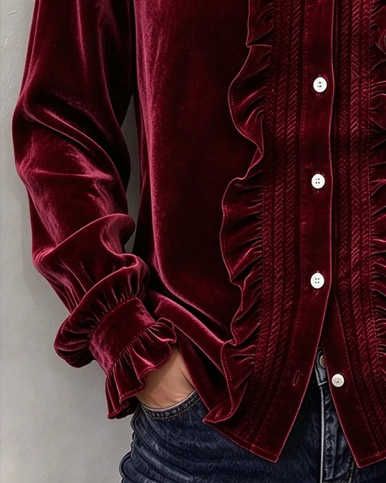 Blus Velvet Ruffle-Trim V-Neck Långärmad