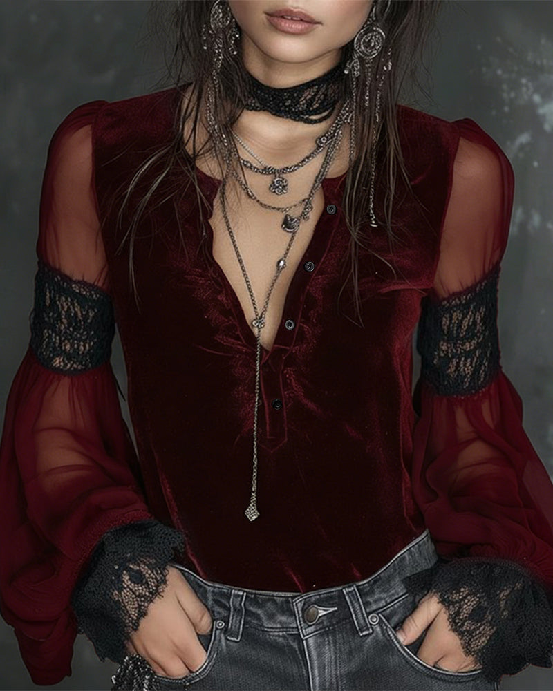 Blus Knapp I Halv V-Ringad Puffärm