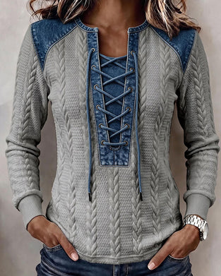 Sweatshirt Knytning Patchwork Casual
