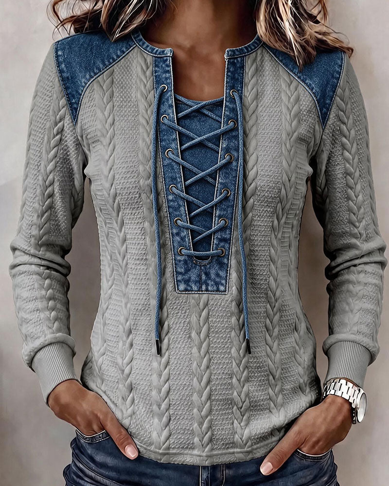 Sweatshirt Knytning Patchwork Casual