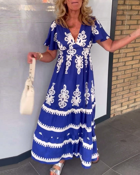 Vintage tryck v-ringad elegant lång klänning