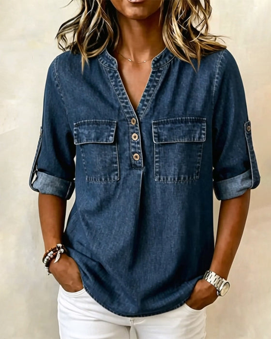Blus Denim V-Hals Casual