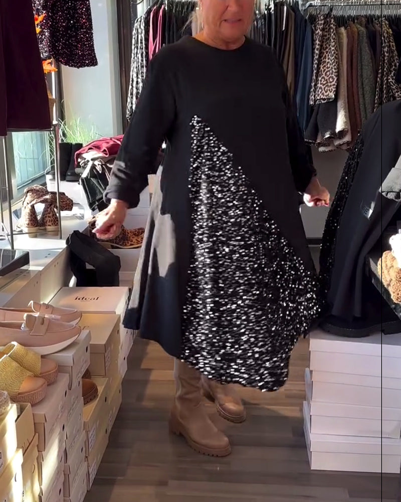 Klänning Glitter Panel Rund Halsringning