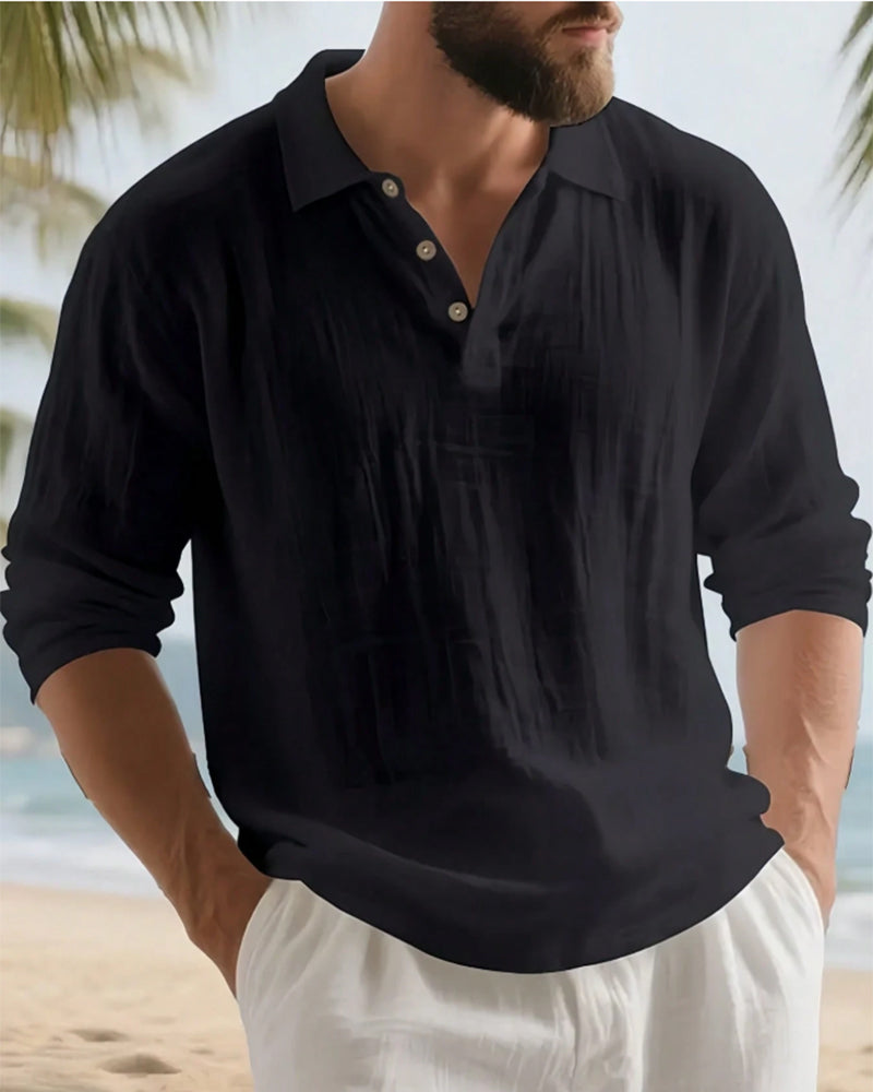 Skjorta Herr Lättvikt Lös Linne Långärmad Polo