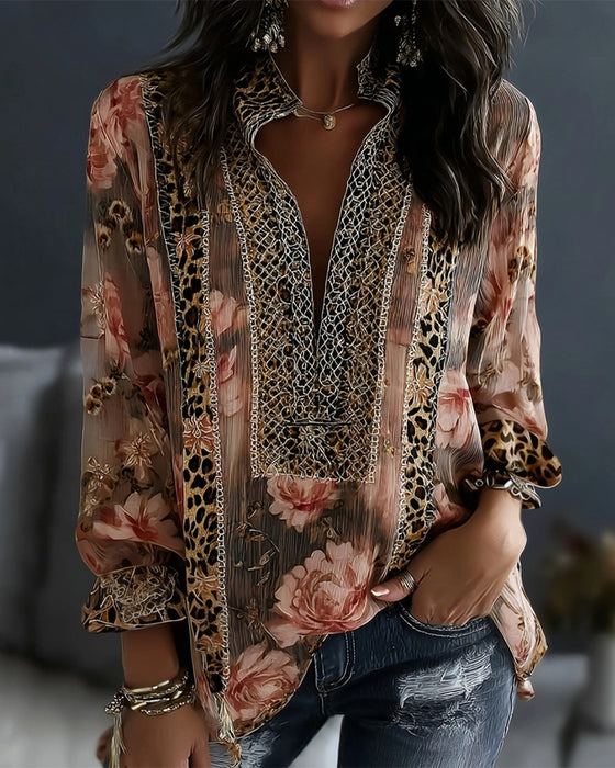 Blus Blommig Leopard Långärmad