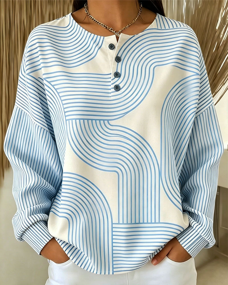Sweatshirt Runda Halsen Knapp Randig Löst