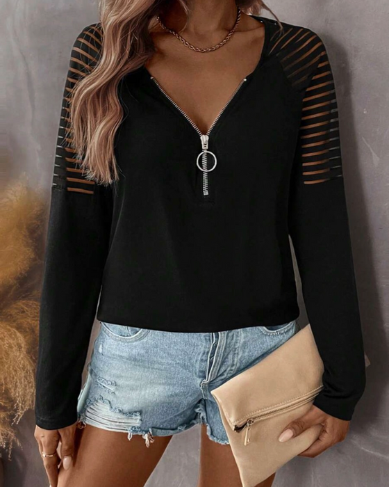 Top Med Zipp Detalj, Långärmad Design Och Enfärgad Stil