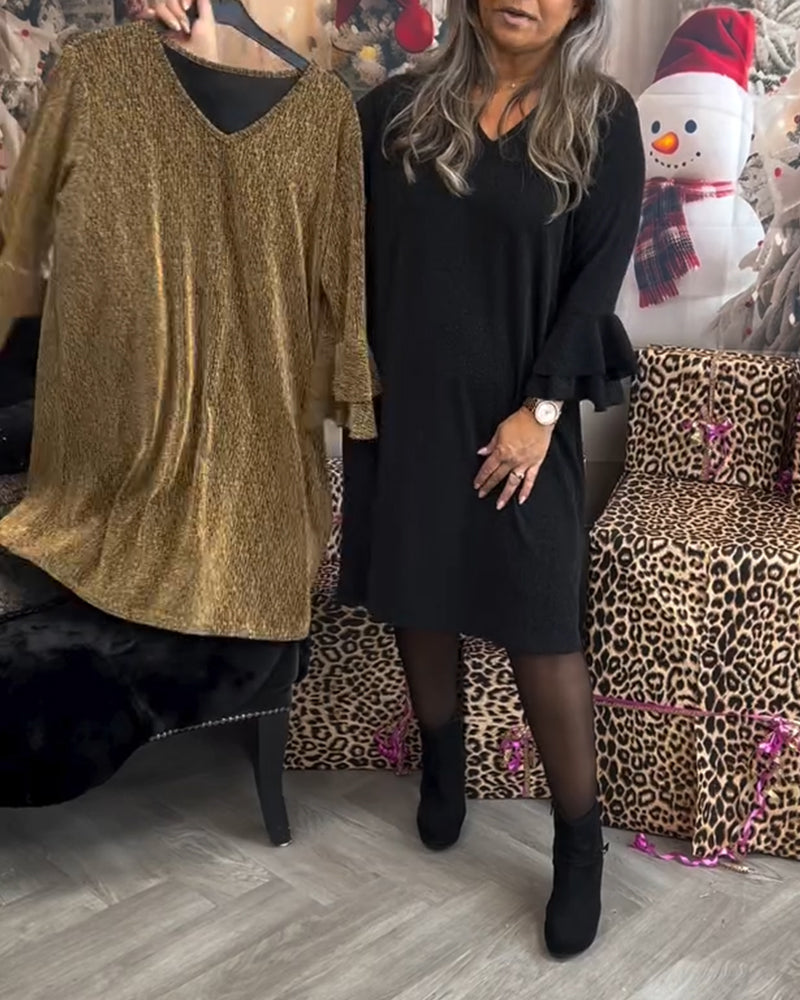 Casual enfärgad klänning med klockärm och V-ringning