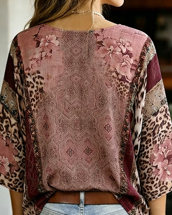 Blus V-Hals Lykta Ärm Leopard