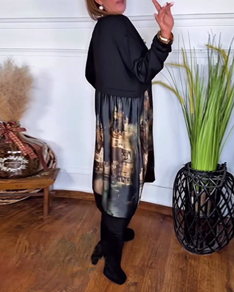 Klänning med tryck och lång ärm