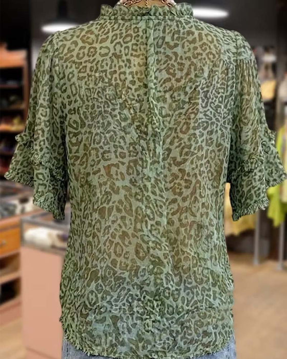 Blus Gröntons Leopard Tryck Ruffle