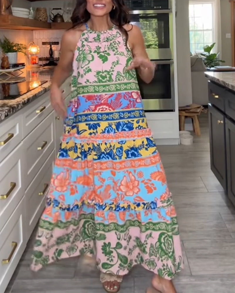 Klänning Tryckt Kontrastfärg Ärmlös