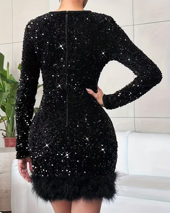 Klänning Plysch Paillettefylld Lappverk Rund Halsringning