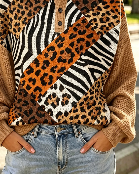 Sweatshirt Leopard Tryck Patchwork Runda Halsen