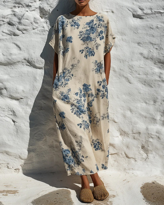 Klänning Rund Hals Vintage Blå Floral
