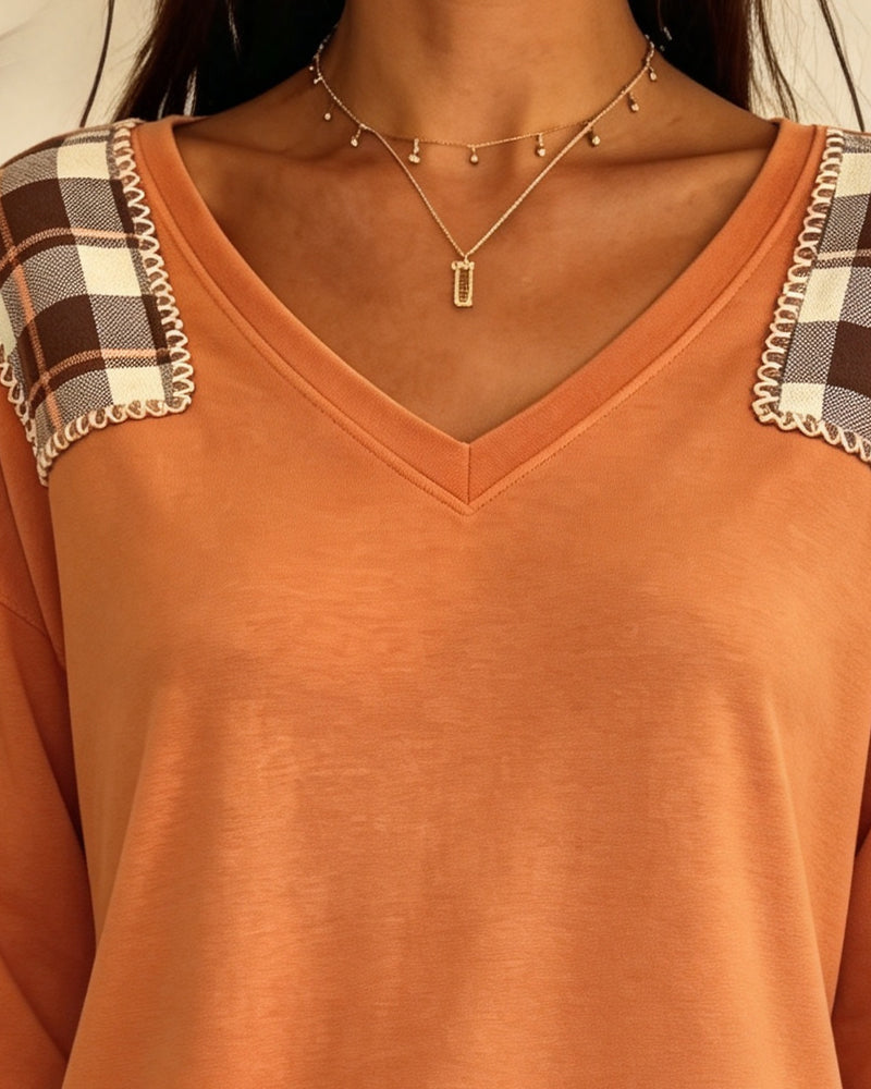Topp Ruta Patchwork V-Hals Casual