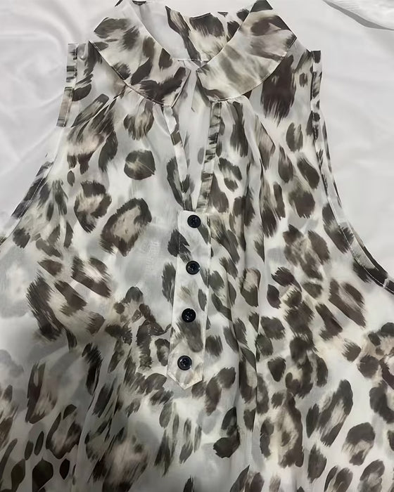 Klädning Leopard Tryck Mandarin Krage Ruffle