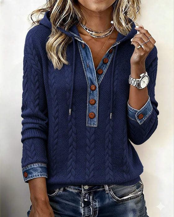 Färgblockad Långärmad Hoodie Med Knappar