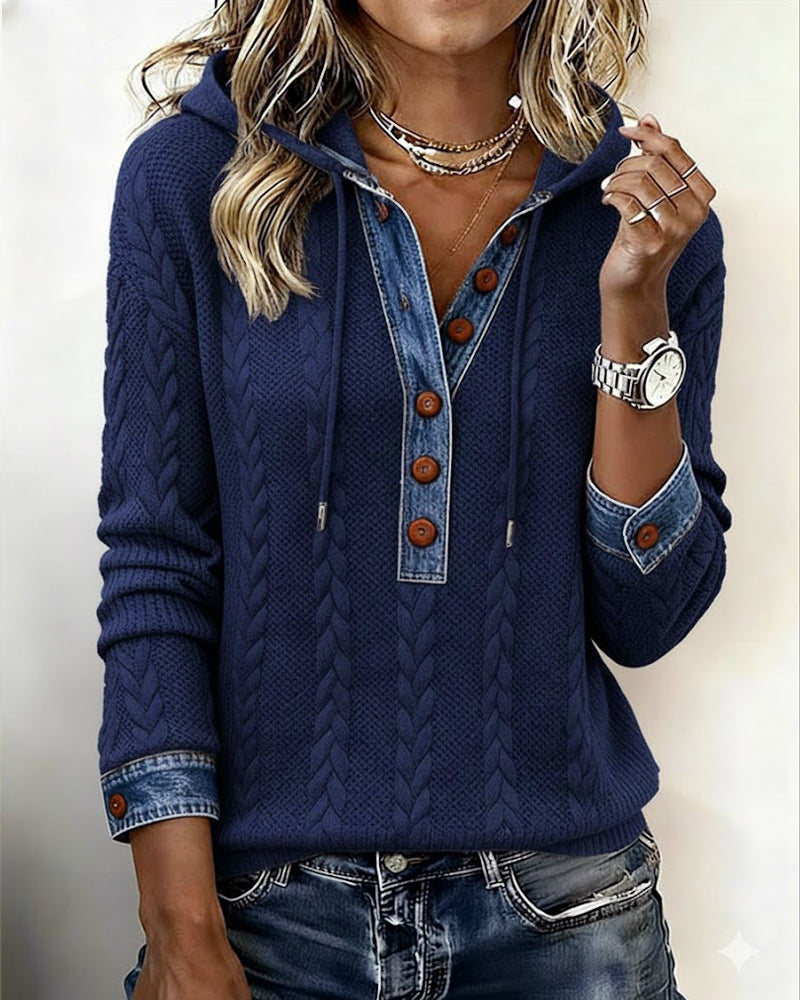 Färgblockad Långärmad Hoodie Med Knappar