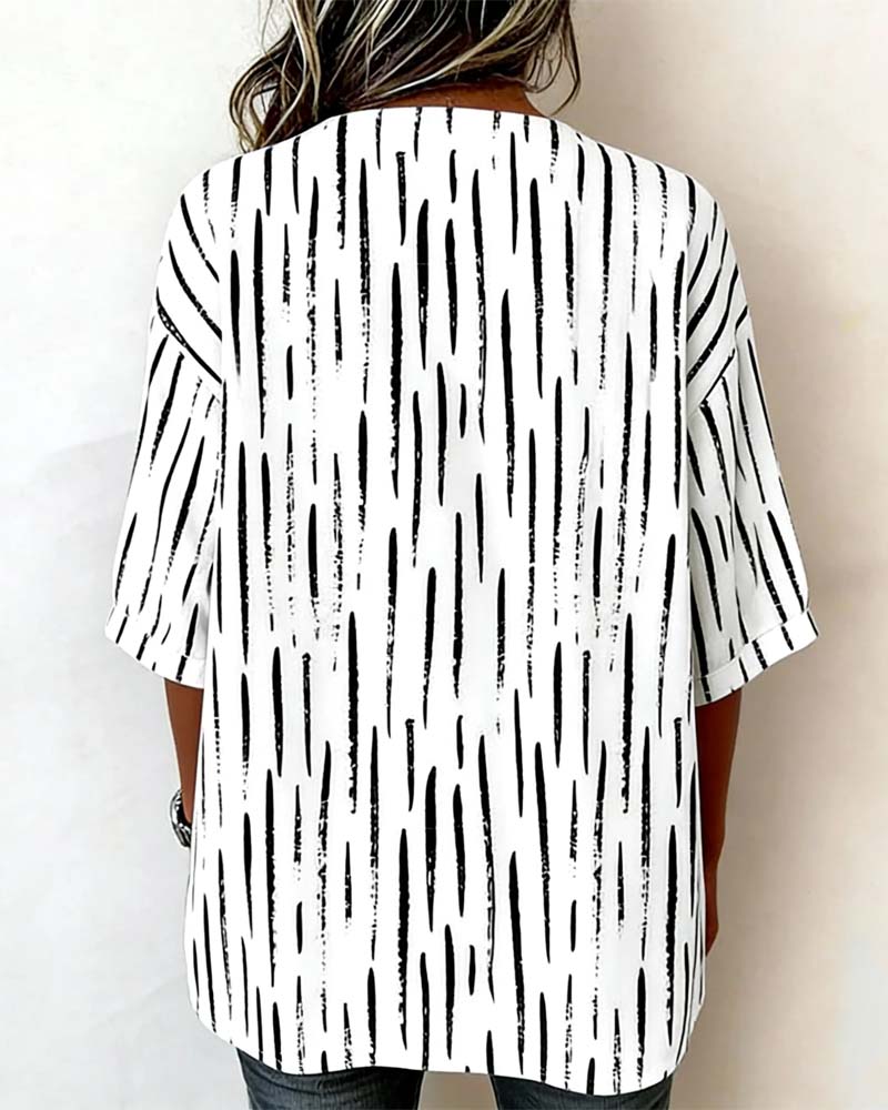 Topp Randig Knapp Trekvart Ärm