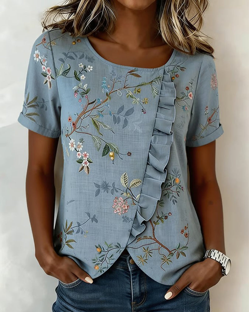 Blus Rundhalsad Kortärmad Rynkad Blommig
