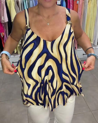 Blus V-Hals Spagettiband Zebra Tryck Metallknapp