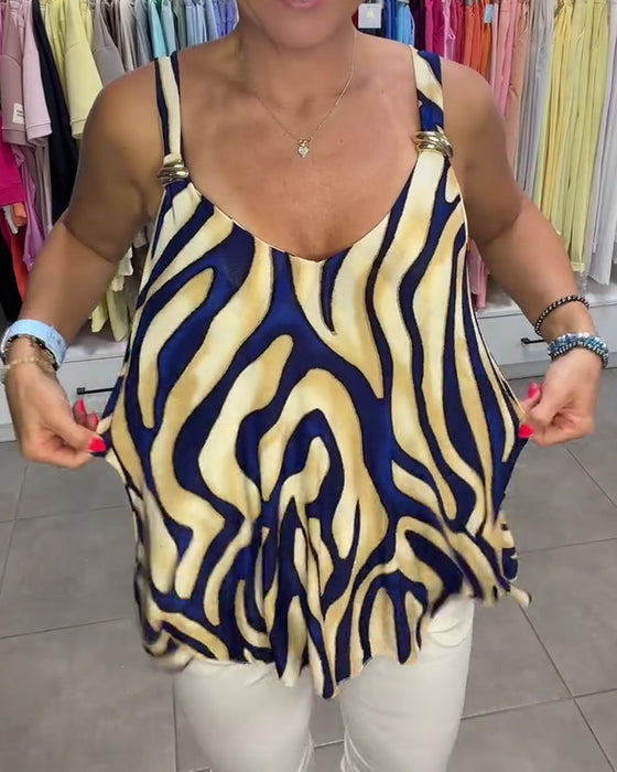 Blus V-Hals Spagettiband Zebra Tryck Metallknapp