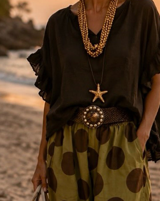 Set V-Hals Ruffle Topp & Prickig Byxor