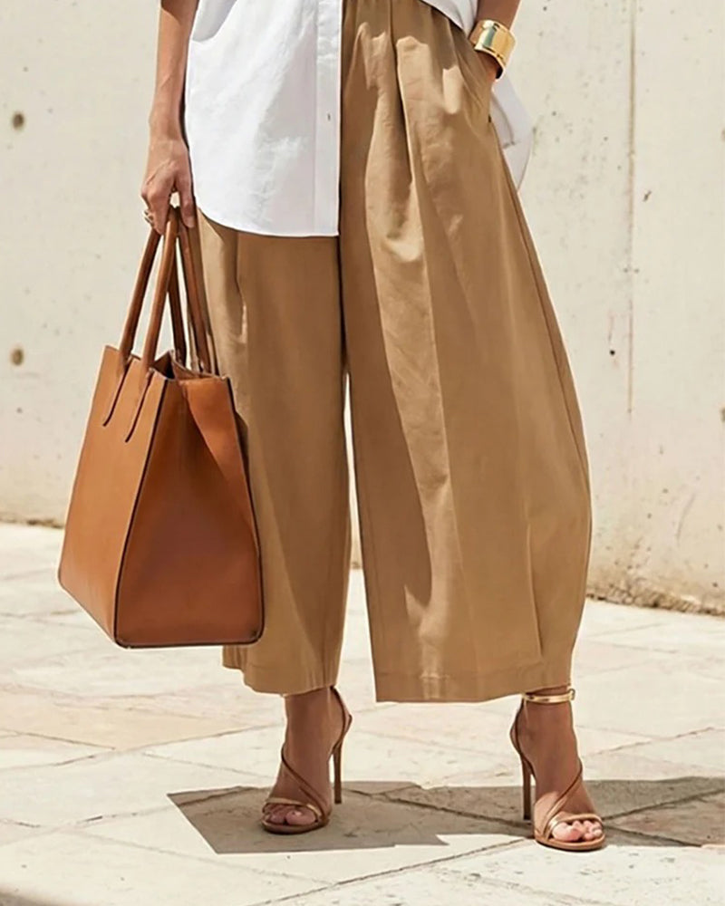 Byxor Enfärgad Elastisk Midja Tulpafåll Croppad