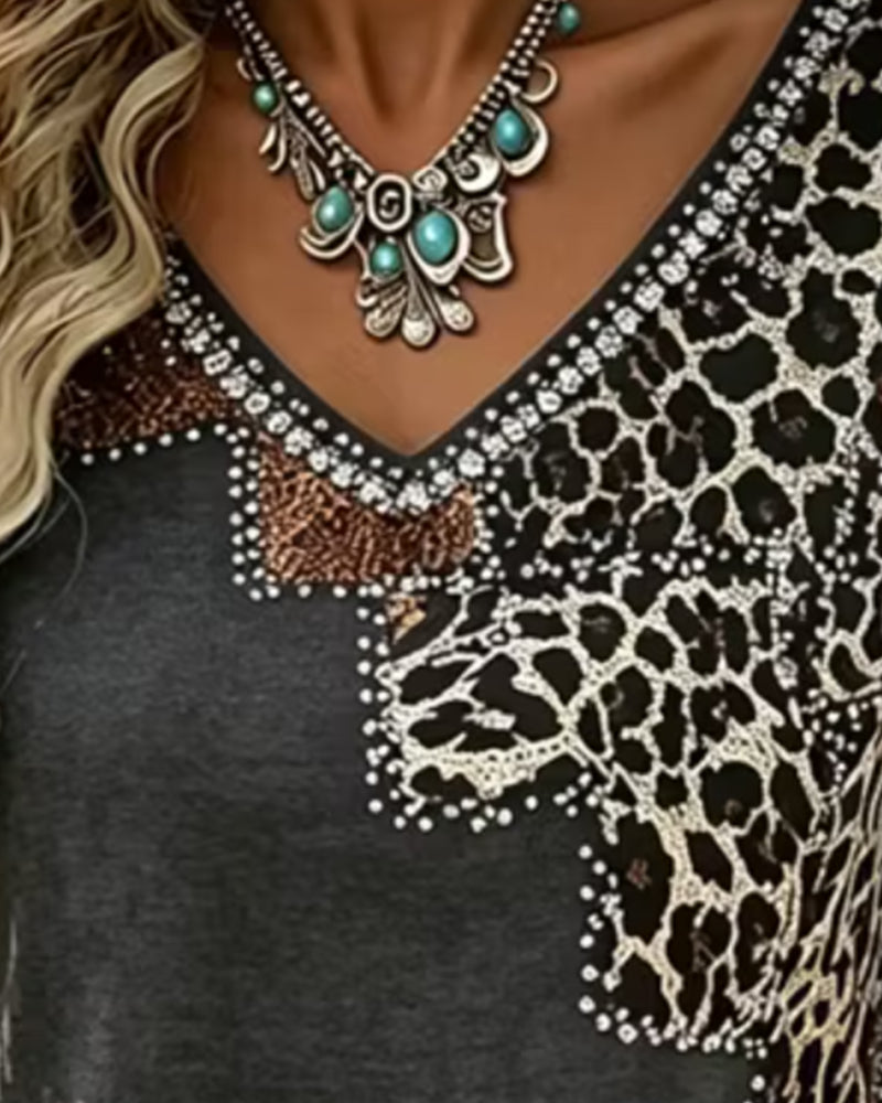 Blus V-Hals Leopard Tryck