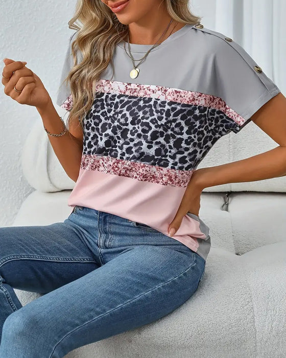T-Shirt Rund Hals Leopardmönster Färgblock