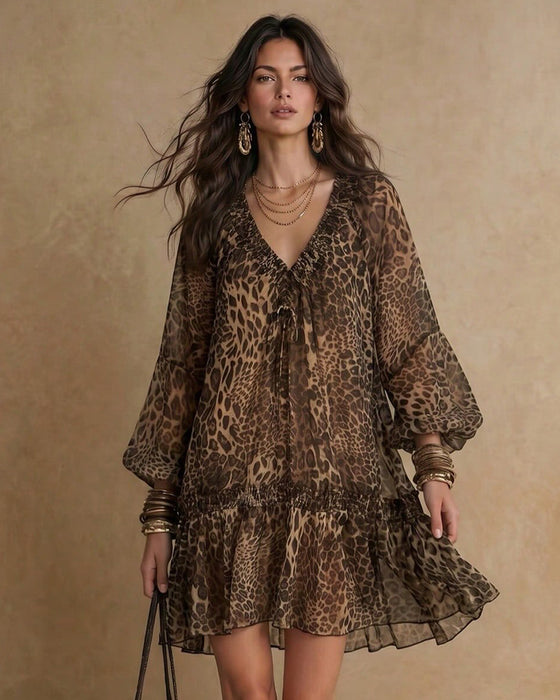 Klänning V-Hals Leopardmönster Puffärm Ruffle