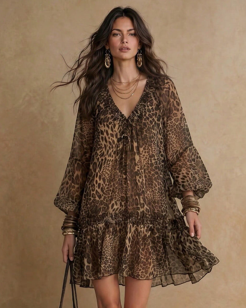 Klänning V-Hals Leopardmönster Puffärm Ruffle