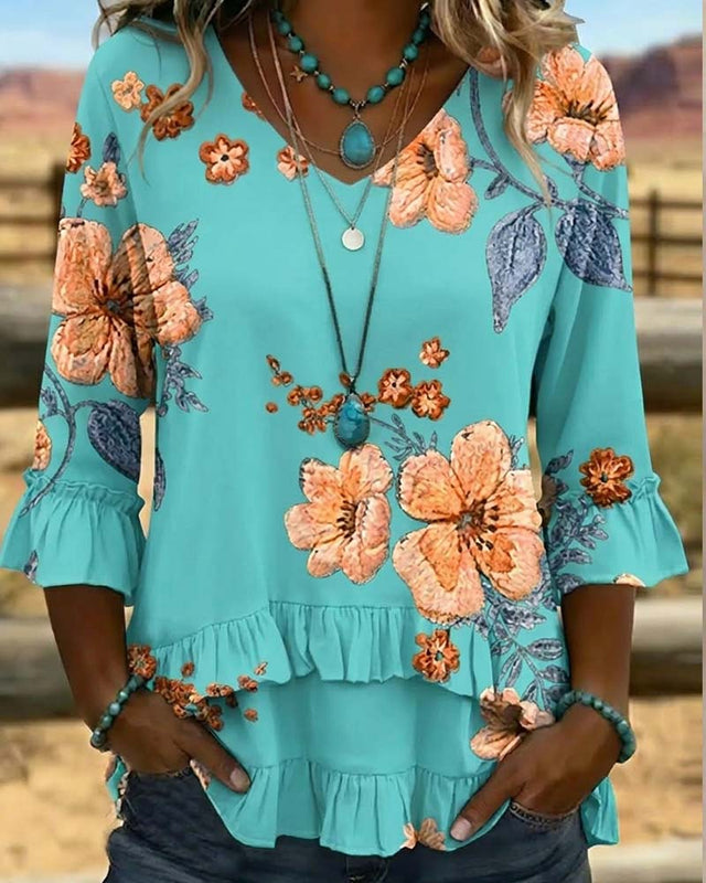Blus V-Ringning Vintage Blommig Loose Fit