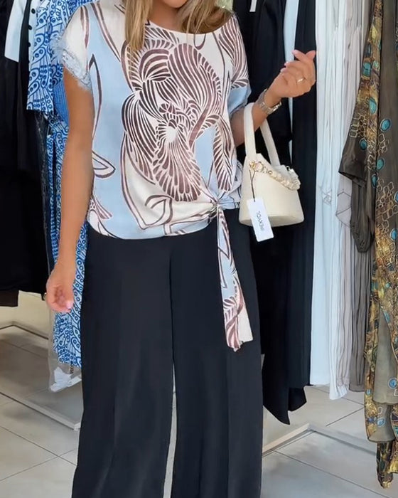 Blus Med Runt Halsband Snörning Oregelbunden
