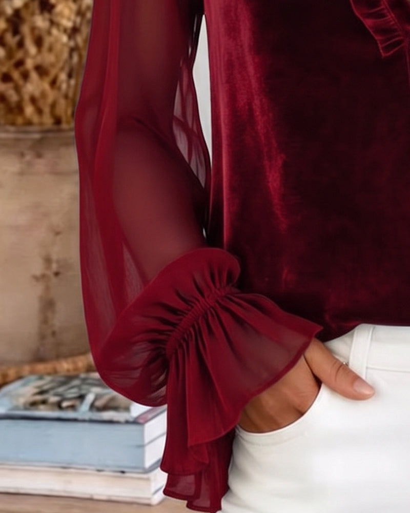 Blus Velour Lapptäcke Rynkad Ärm