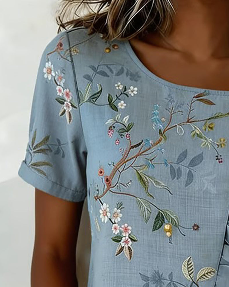 Blus Rundhalsad Kortärmad Rynkad Blommig